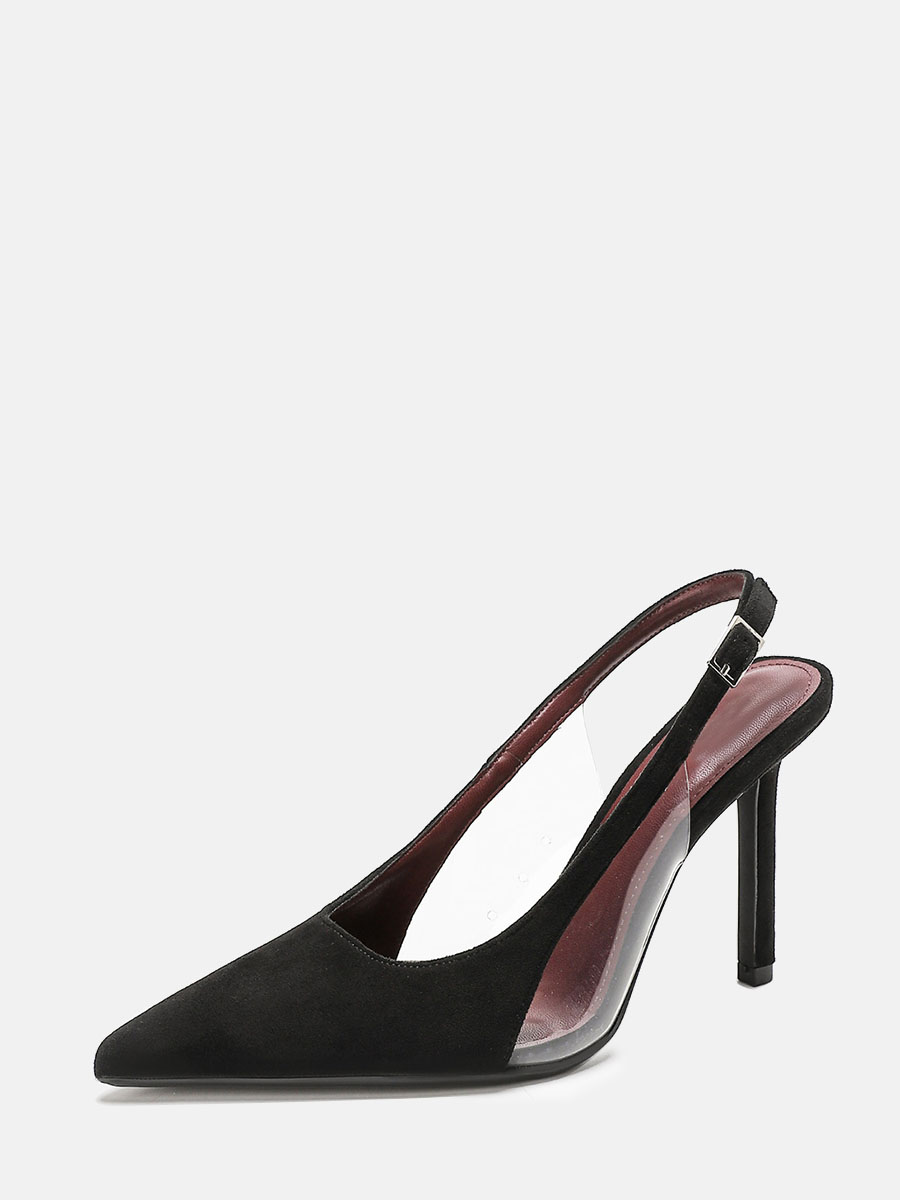 Women’s Black Synthetic Leather Clear Panel Pointed Toe Slingback Buckle Stiletto Heels