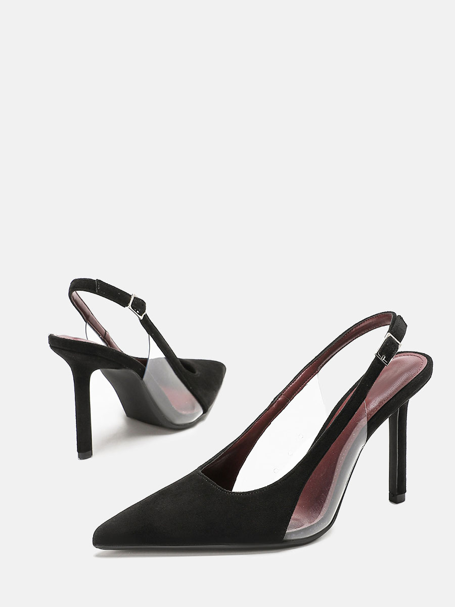 Women’s Black Synthetic Leather Clear Panel Pointed Toe Slingback Buckle Stiletto Heels (2)