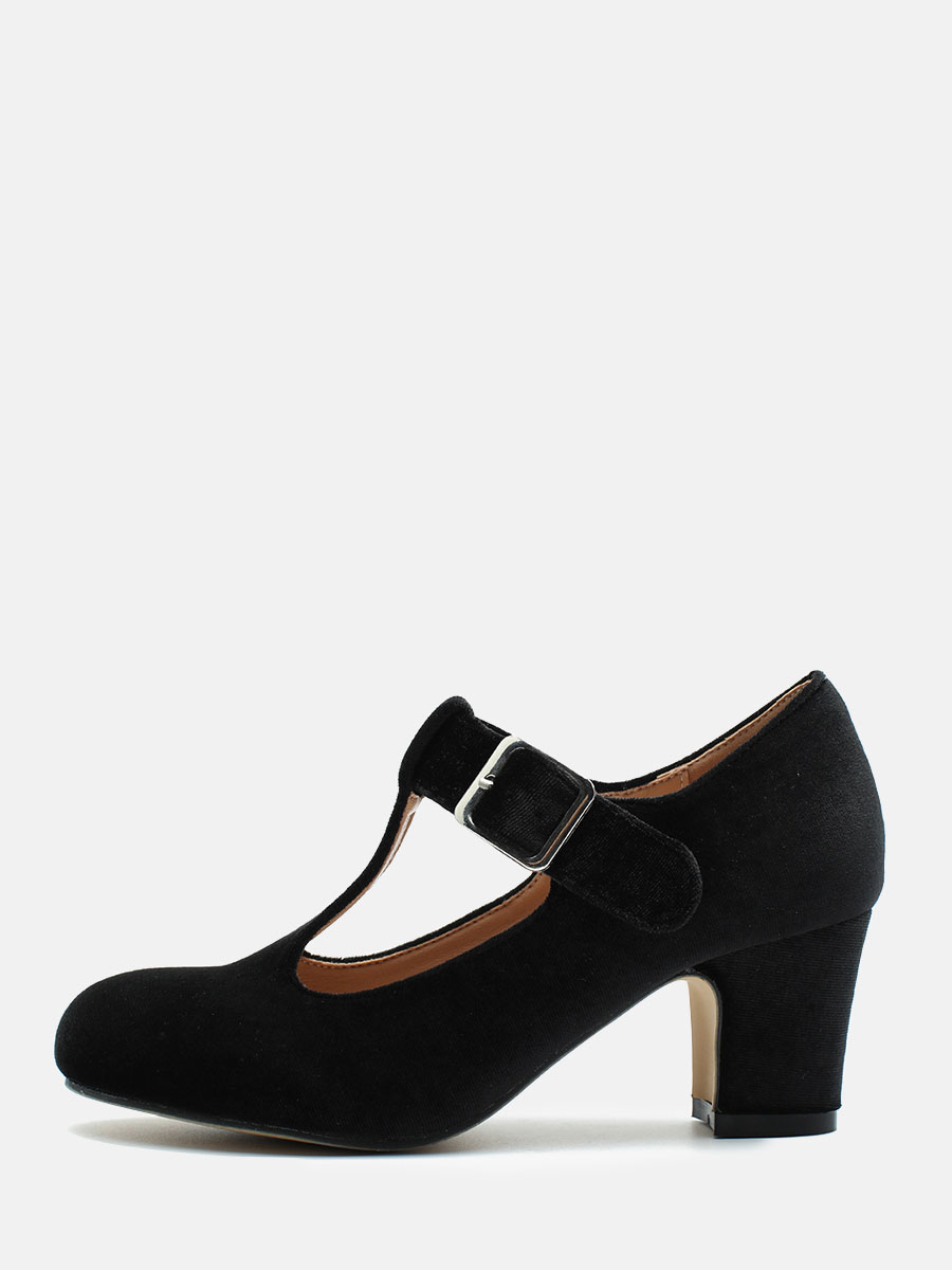 Women’s Black Velvet T-Strap Buckle Mary Jane Block Heels Round Toe Pumps