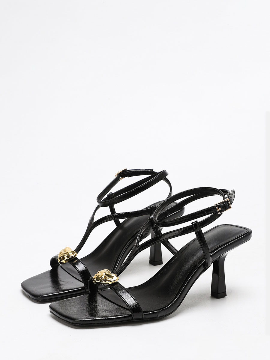 Women’s Black Waxed Synthetic Leather Gold-Heart Buckle T-Strap Stiletto Heels Square Toe Sandals