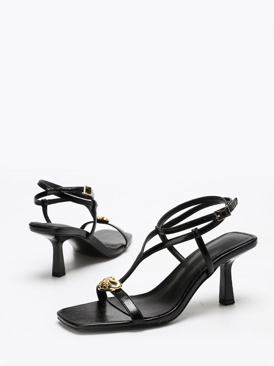 Women’s Black Waxed Synthetic Leather Gold-Heart Buckle T-Strap Stiletto Heels Square Toe Sandals (2)