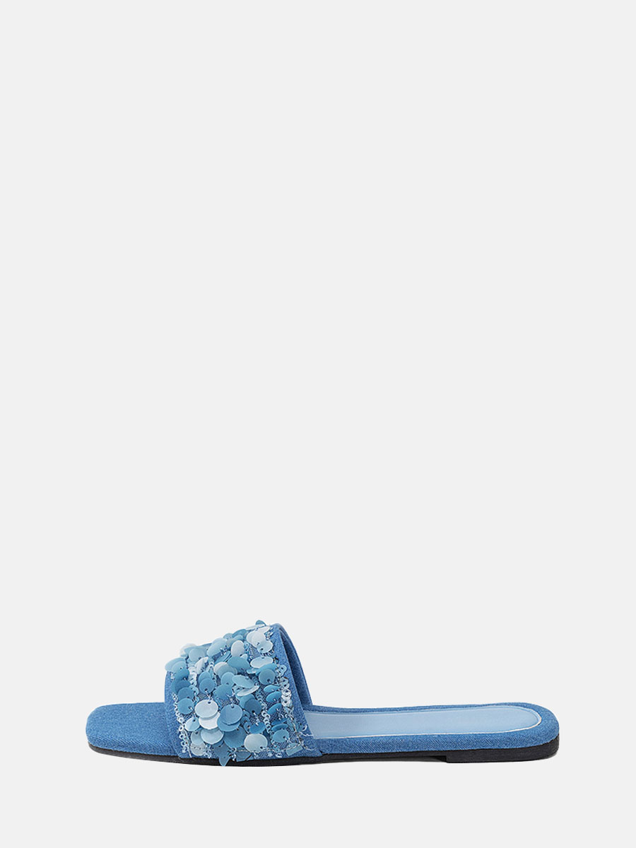 Women’s Blue Denim Fabric Sequins Embellished Square Toe Flat Slide Sandals