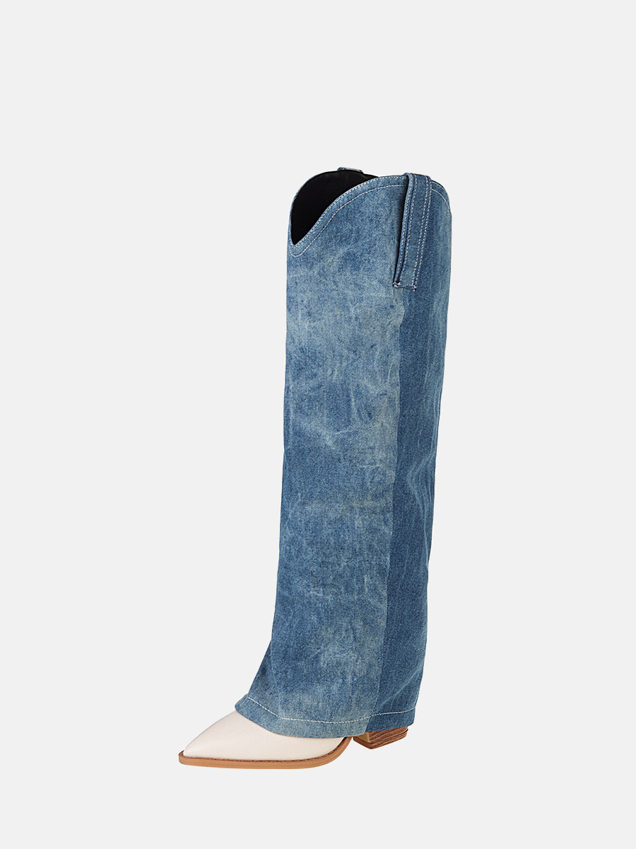 Women’s Blue Denim Microfiber Shaft Pointed Toe Block Heels Western Knee High Boots