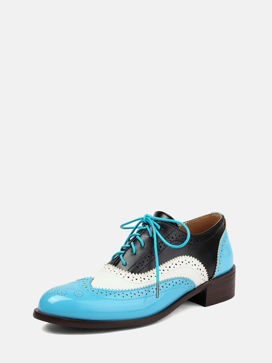 Women’s Blue Patent Microfiber Leather Brogue Lace-Up Low Block Heels Oxfords (1)