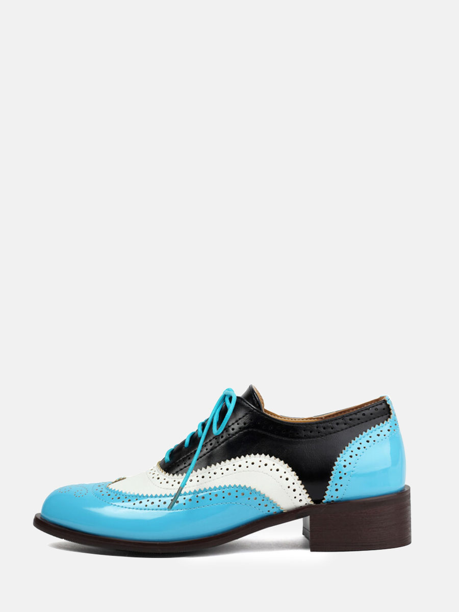 Women’s Blue Patent Microfiber Leather Brogue Lace-Up Low Block Heels Oxfords