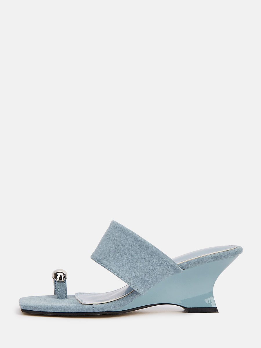 Women’s Blue Suede Toe Ring Wedge Heels Square Toe Mule Sandals