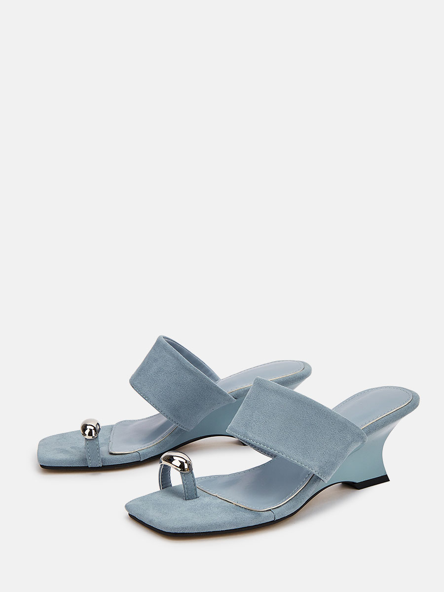 Women’s Blue Suede Toe Ring Wedge Heels Square Toe Mule Sandals (2)
