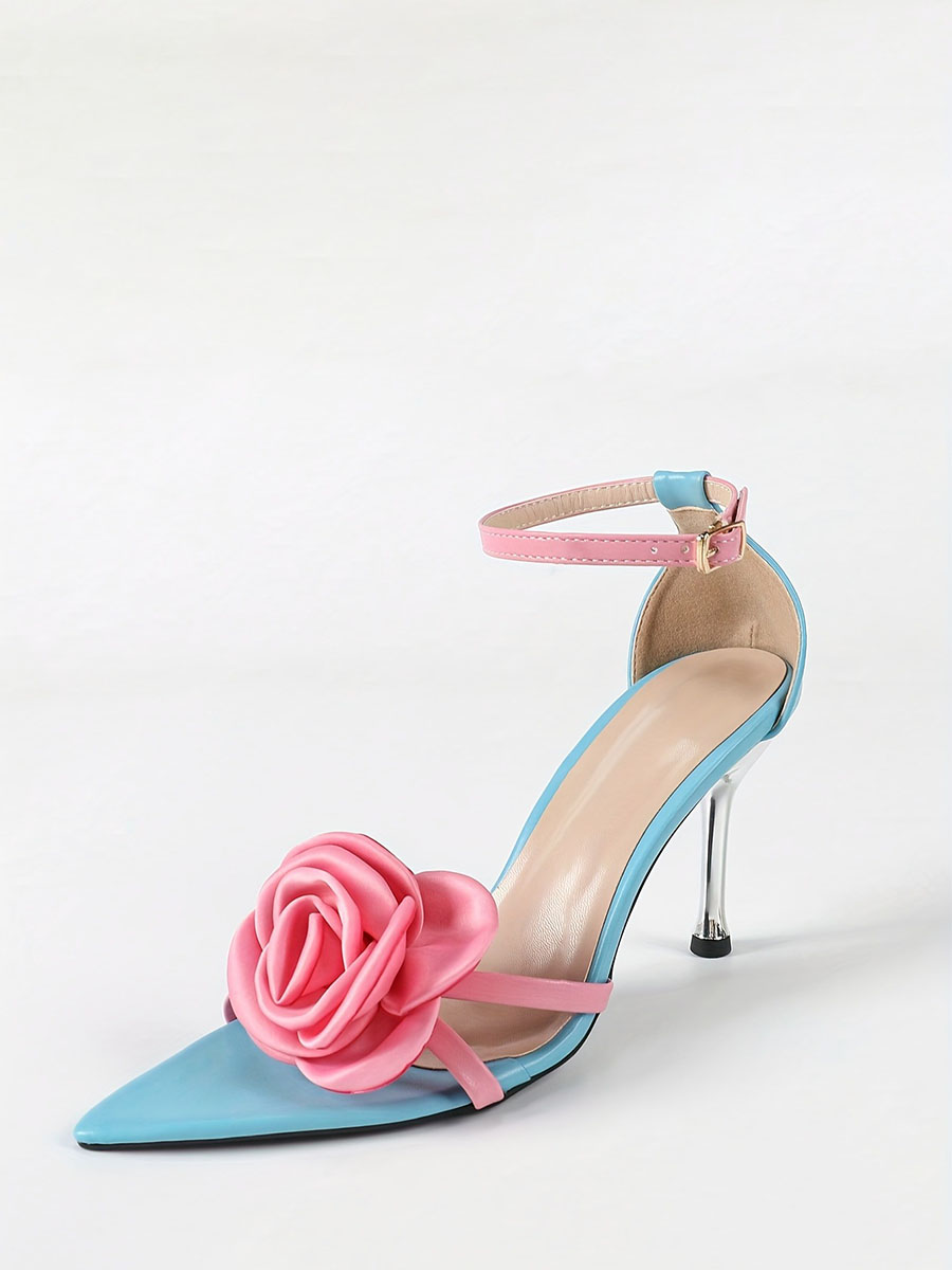 Women’s Blue Synthetic Leather Ankle Strap Pointed Toe Pink-Rose Flower Decoration Crisscross Stiletto Heels Sandals