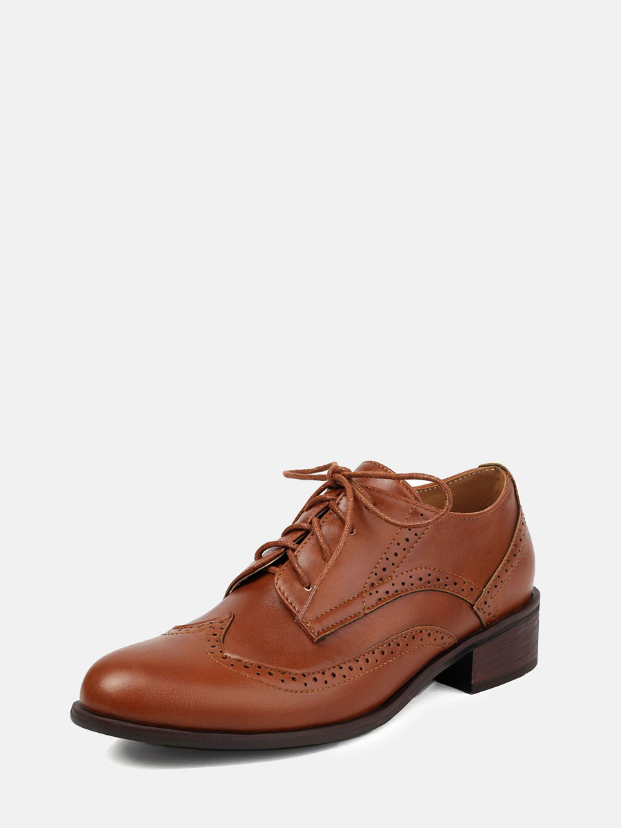 Women’s Brown Microfiber Lace-Up Brogue Round Toe Low Block Heels Oxfords