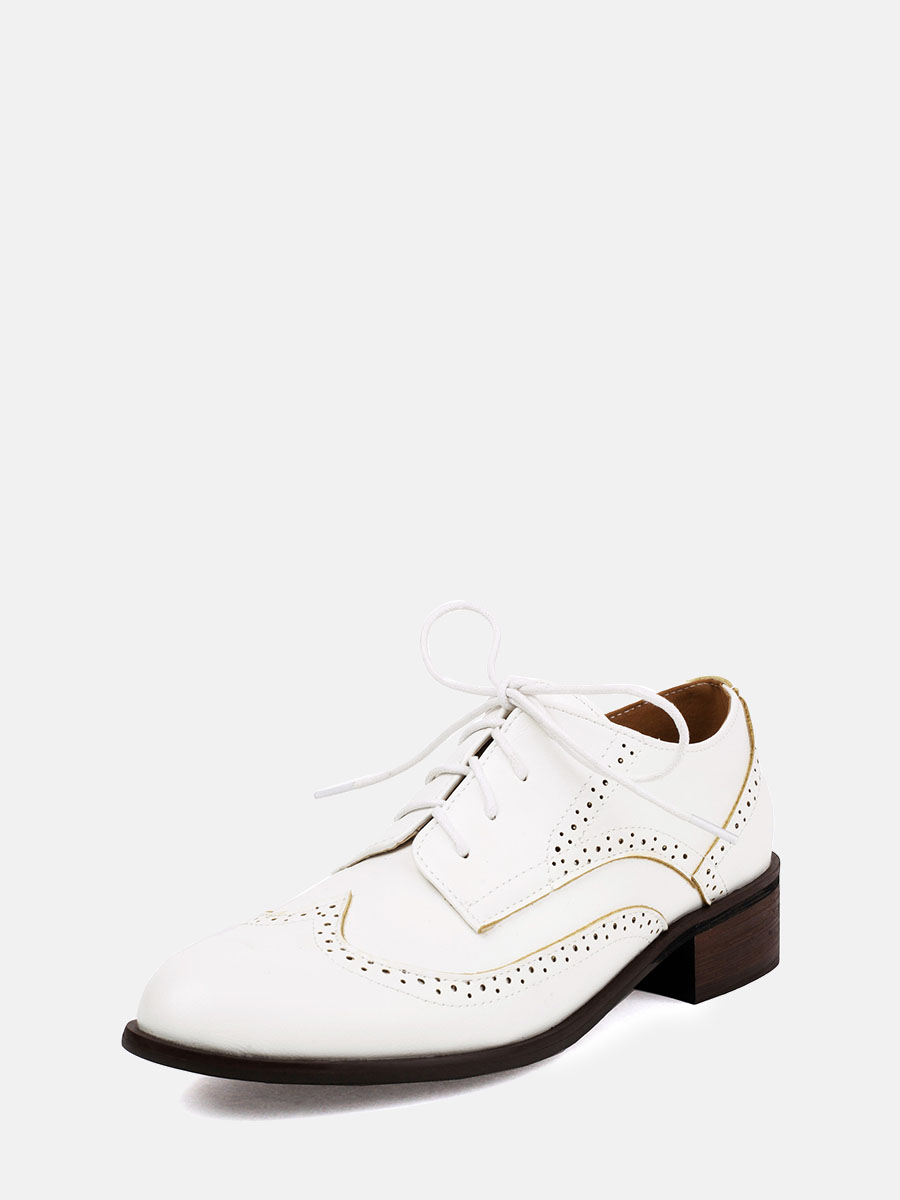 Women’s White Microfiber Lace-Up Brogue Round Toe Low Block Heels Oxfords