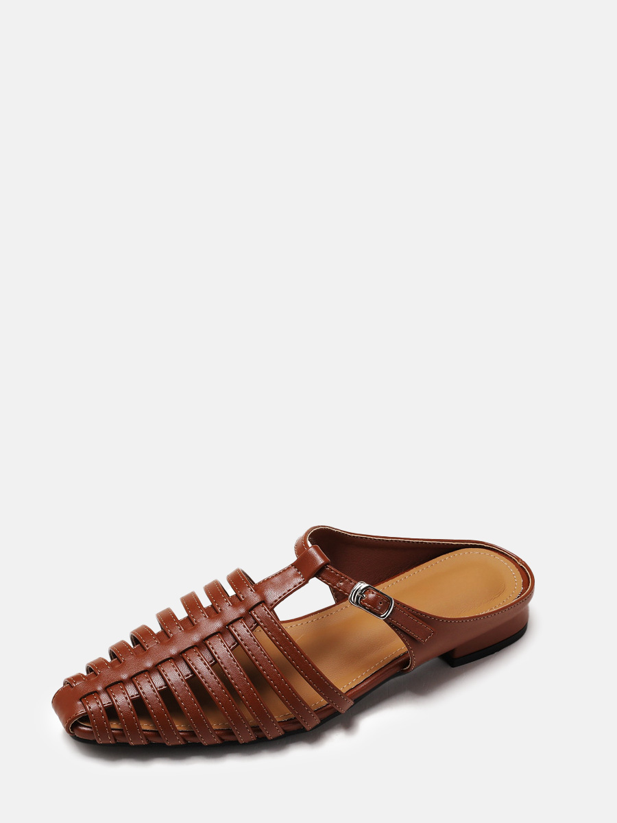Women’s Brown PU Buckle Square Toe Low Block Heels Gladiator Sandals