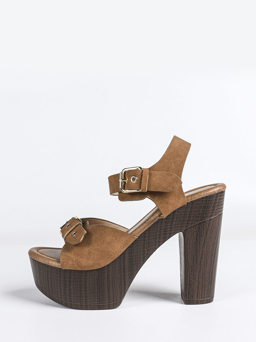 Women’s Brown Synthetic Buckle Platform Chunky Heels Sandals