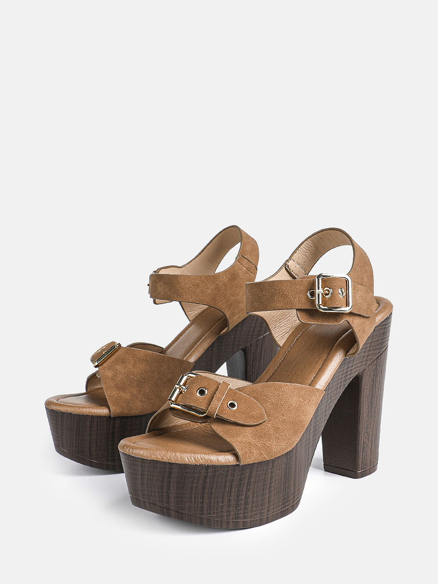 Women’s Brown Synthetic Buckle Platform Chunky Heels Sandals (2)