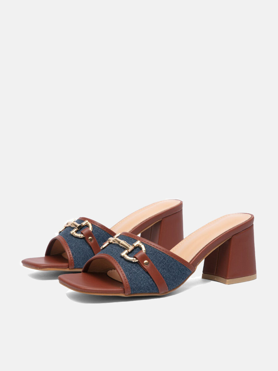 Women’s Canvas Square Open Toe Buckle Block Heels Mules Slide Sandals
