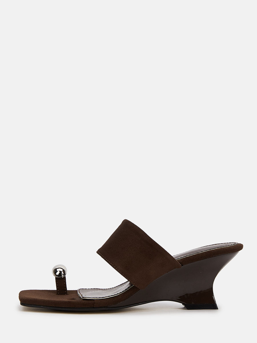 Women’s Coffee Suede Toe Ring Wedge Heels Square Toe Mule Sandals