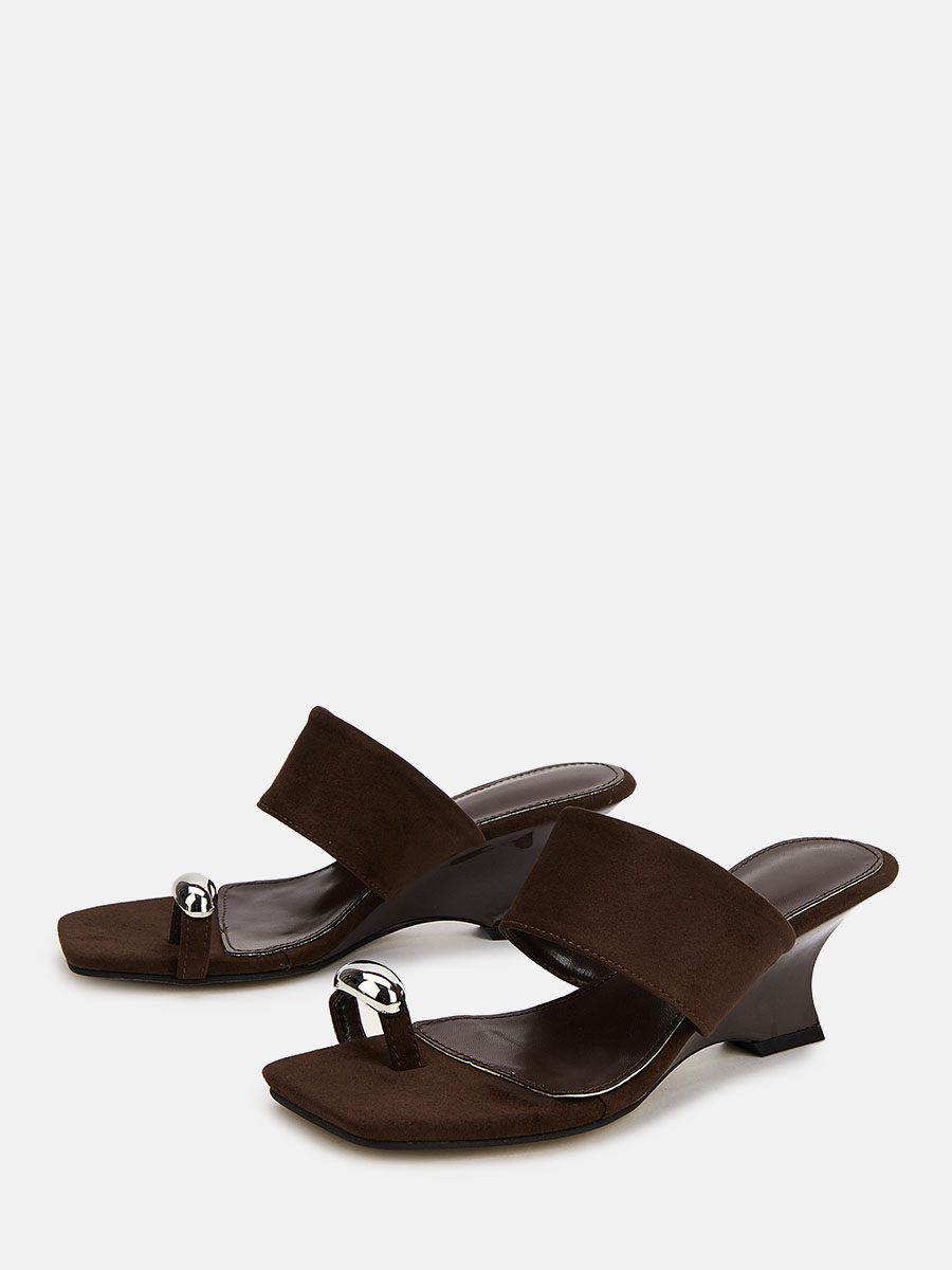 Women’s Coffee Suede Toe Ring Wedge Heels Square Toe Mule Sandals (2)