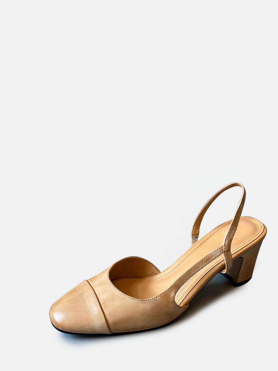 Women’s Cowhide Round Toe Buckle Strap Slingback Block Heels