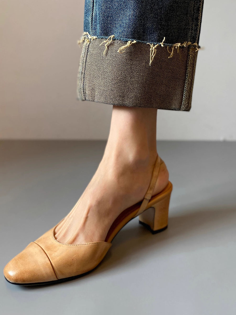 Women’s Cowhide Round Toe Buckle Strap Slingback Block Heels (4)