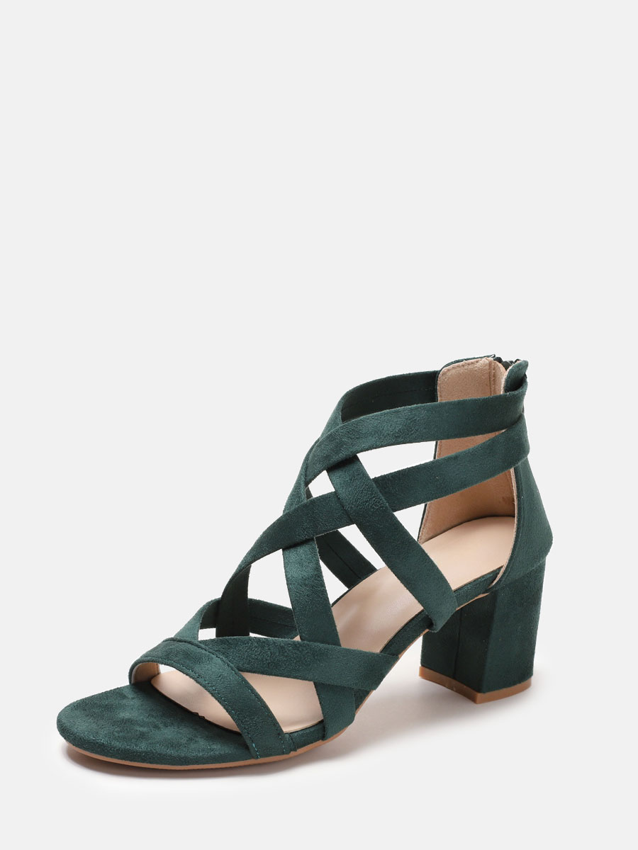 Women’s Dark Green Suede Crisscross Open Toe Back Zipper Block Heels Gladiator Sandals