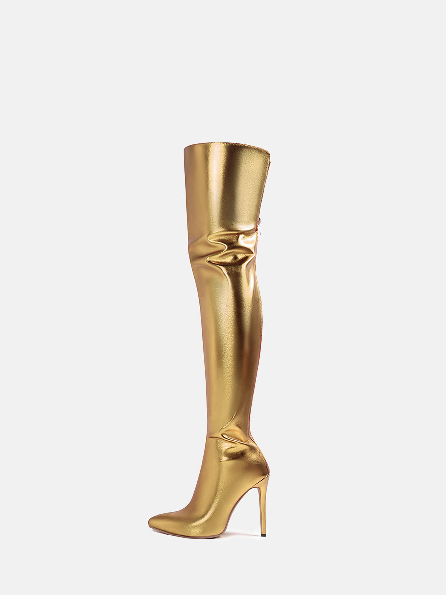 Women’s Gold Metallic PU Back Zipper Pointed Toe Stiletto Heels Over the Knee Boots