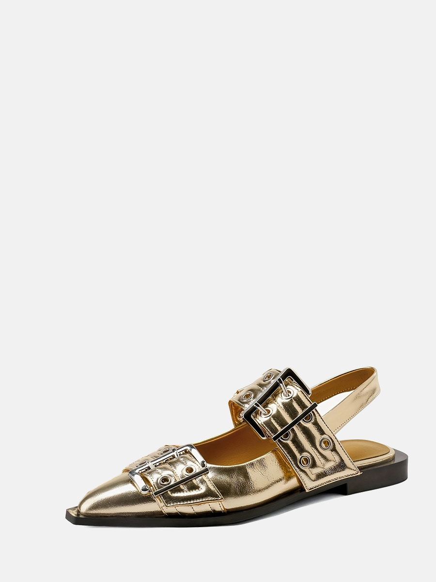 Women’s Gold Metallic PU Buckle Strap Slingback Pointed Toe Flats