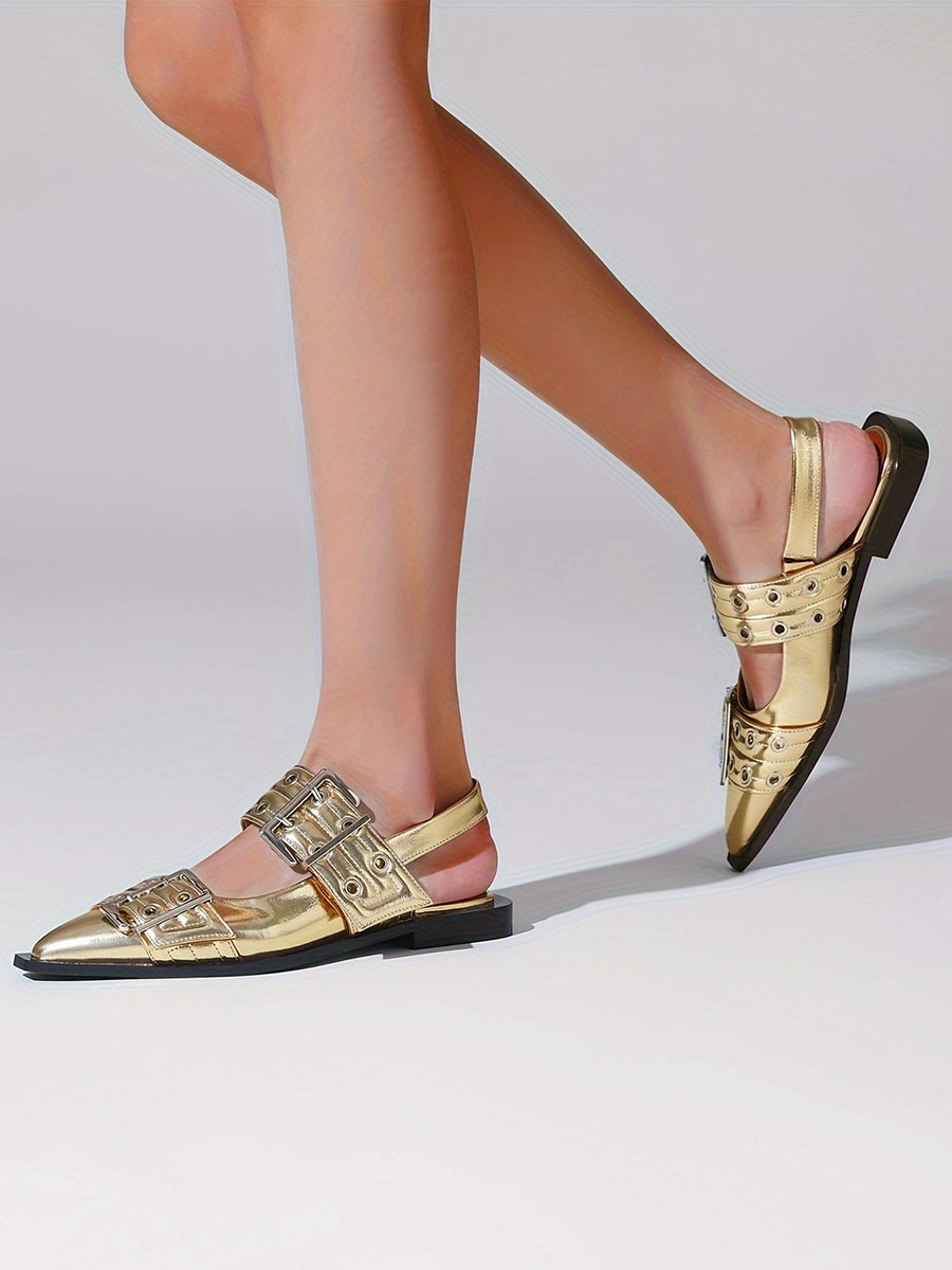 Women’s Gold Metallic PU Buckle Strap Slingback Pointed Toe Flats (3)