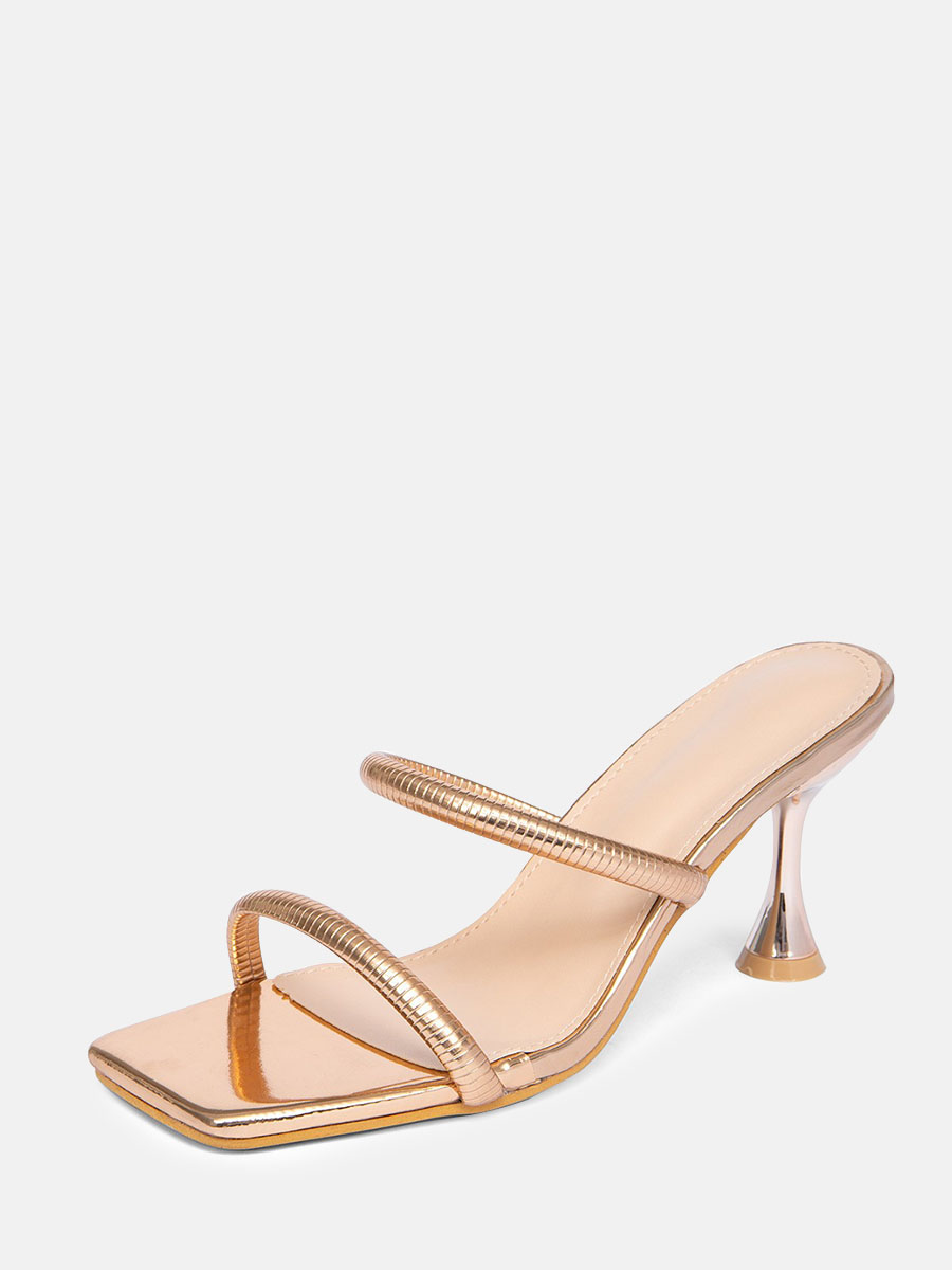 Women’s Gold Metallic PU Double Strap Square Toe Spool Heels Mule Sandals