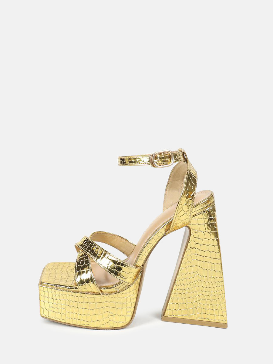 Women’s Gold Microfiber Crocodile Pattern Crisscross Ankle Strap Buckle Platform Block Heels Sandals