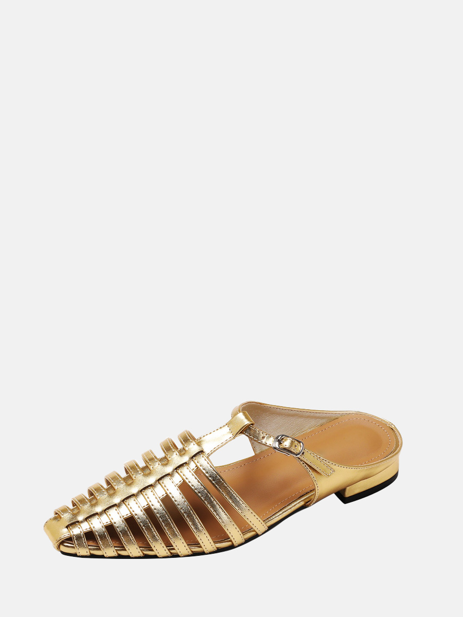 Women’s Gold PU Buckle Square Toe Low Block Heels Gladiator Sandals
