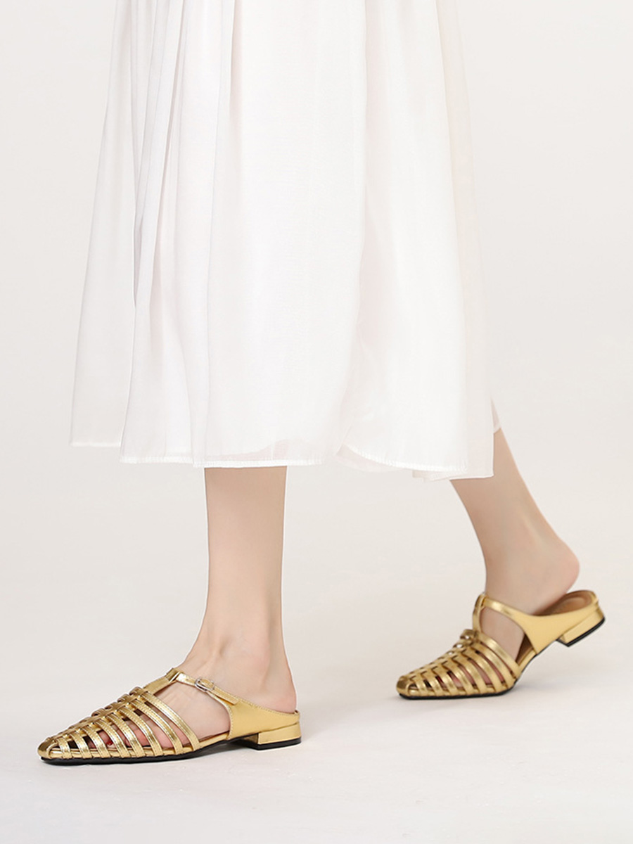 Women’s Gold PU Buckle Square Toe Low Block Heels Gladiator Sandals (6)