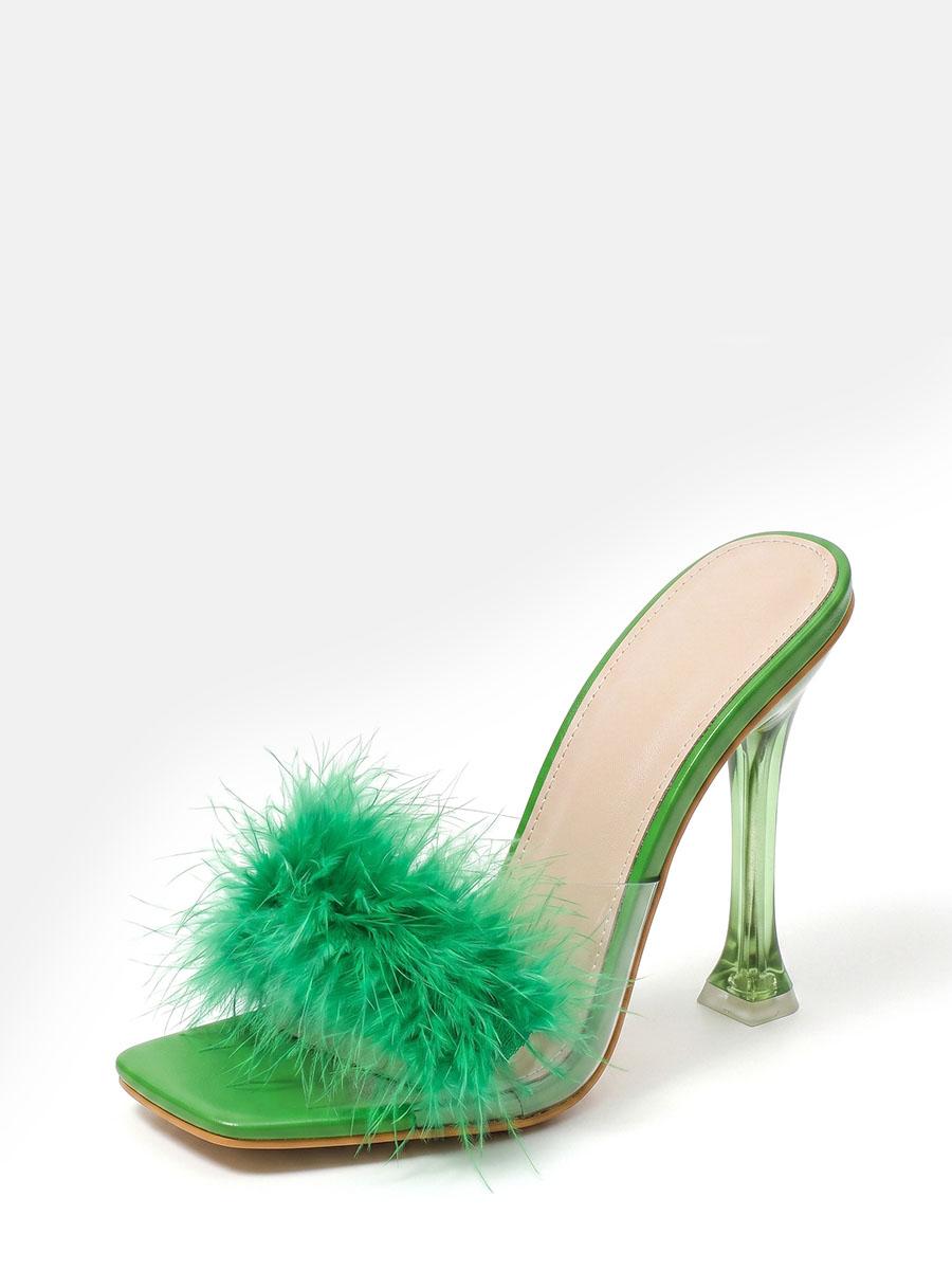 Women’s Green Clear PVC Feather Strap Square Toe Stiletto Heels Mules Sandals