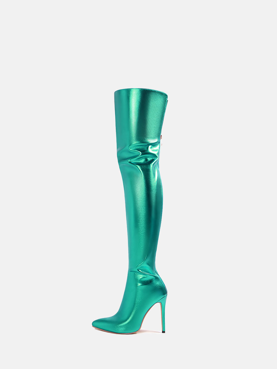 Women’s Green Metallic PU Back Zipper Pointed Toe Stiletto Heels Over the Knee Boots