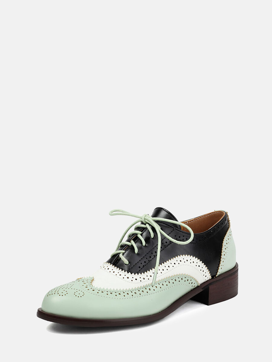 Women’s Green Patent Microfiber Leather Brogue Lace-Up Low Block Heels Oxfords