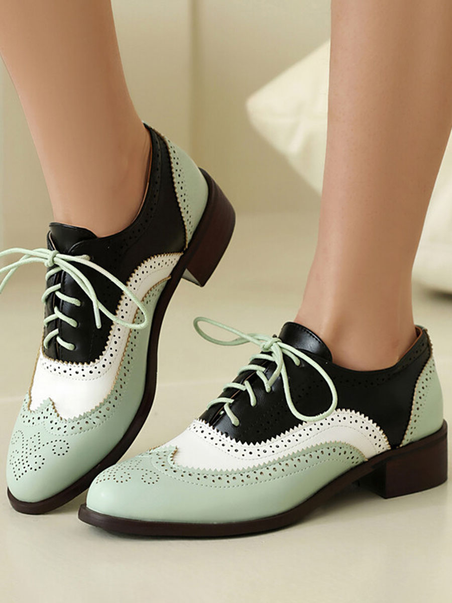 Women’s Green Patent Microfiber Leather Brogue Lace-Up Low Block Heels Oxfords (5)