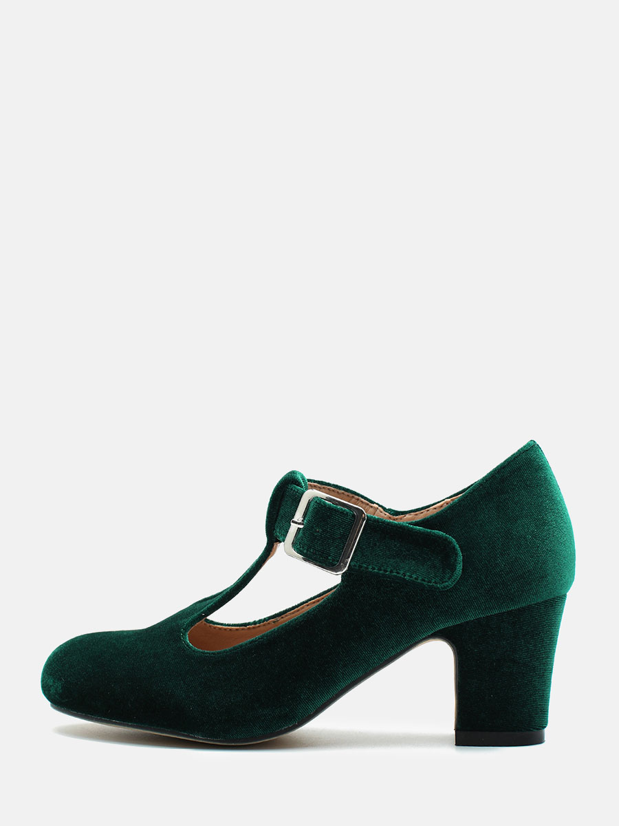 Women’s Green Velvet T-Strap Buckle Mary Jane Block Heels Round Toe Pumps