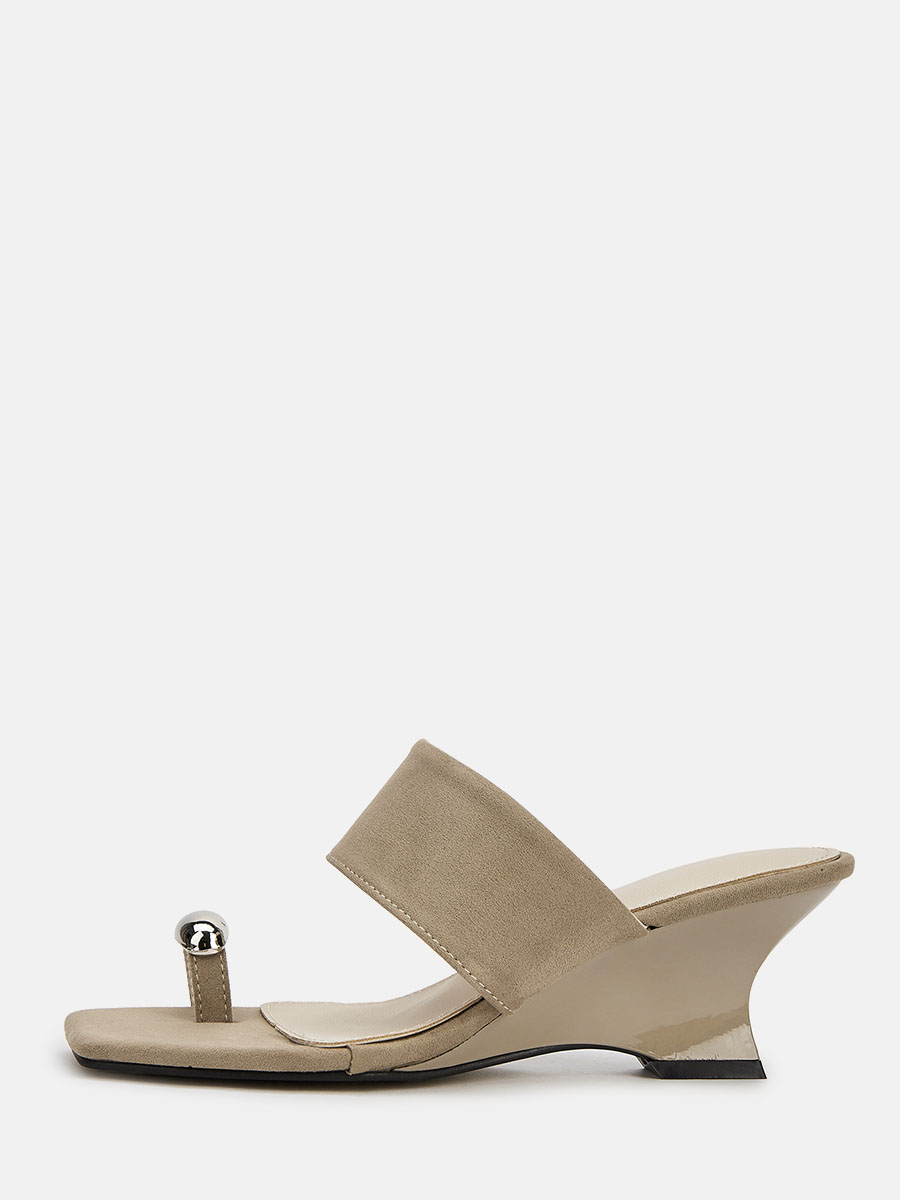 Women’s Grey Suede Toe Ring Wedge Heels Square Toe Mule Sandals