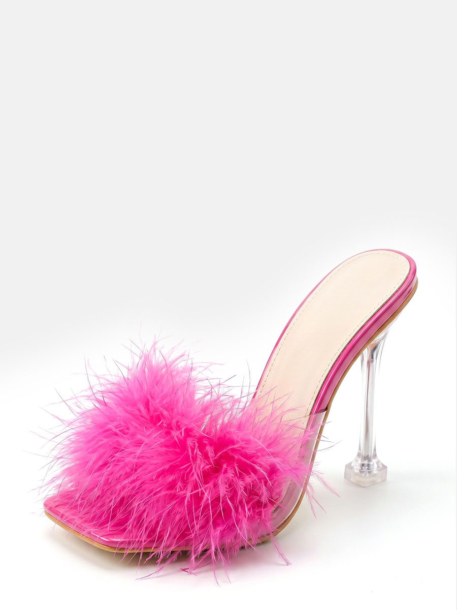 Women’s Hot Pink Clear PVC Feather Strap Square Toe Stiletto Heels Mules Sandals