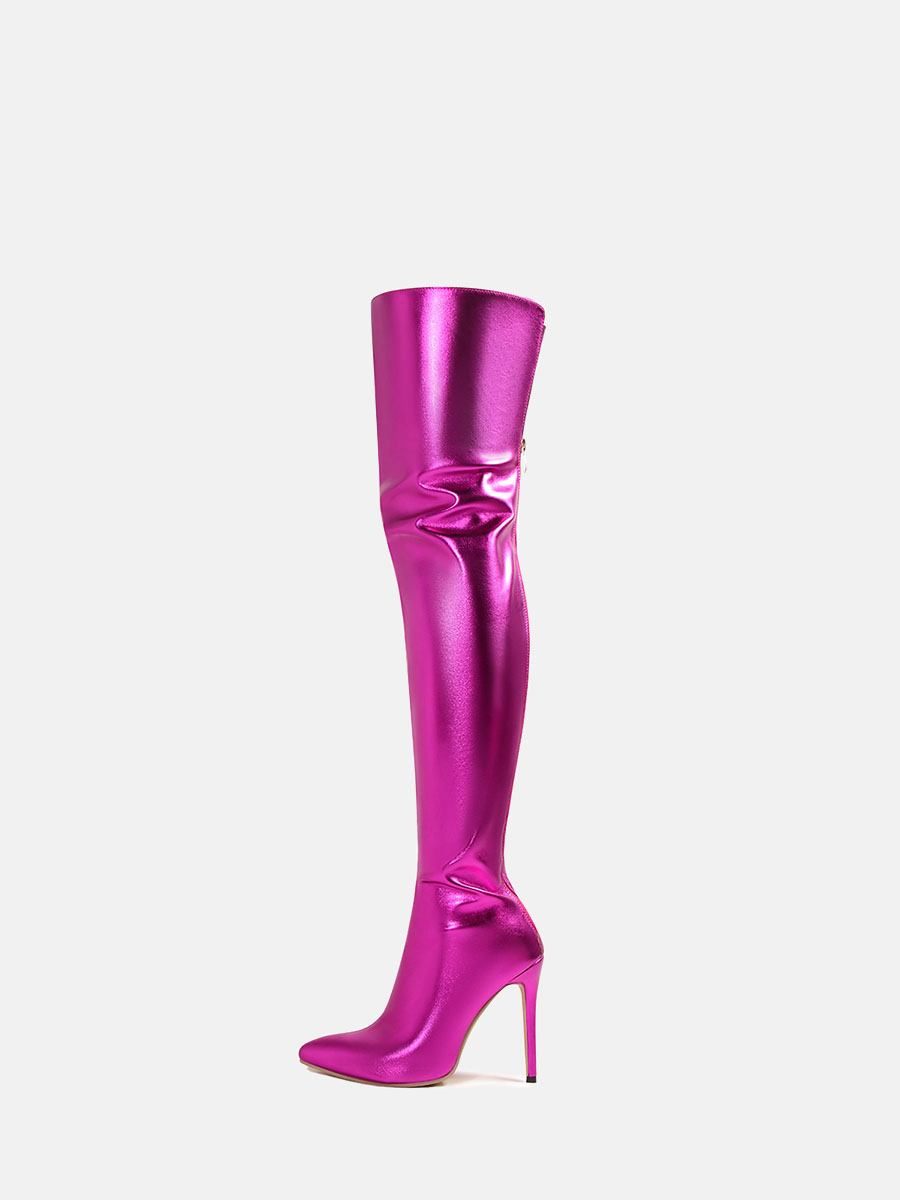 Women’s Hot Pink Metallic PU Back Zipper Pointed Toe Stiletto Heels Over the Knee Boots