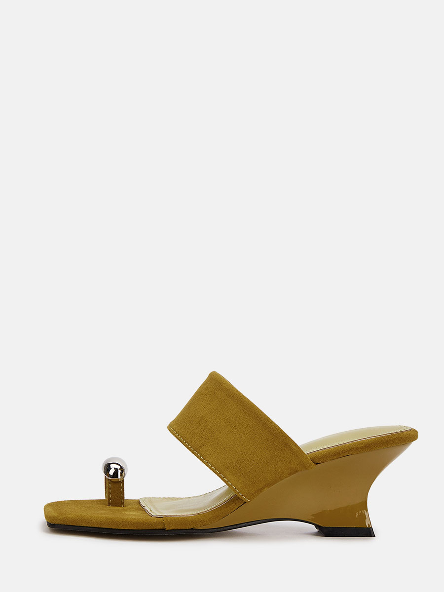Women’s Khaki Suede Toe Ring Wedge Heels Square Toe Mule Sandals