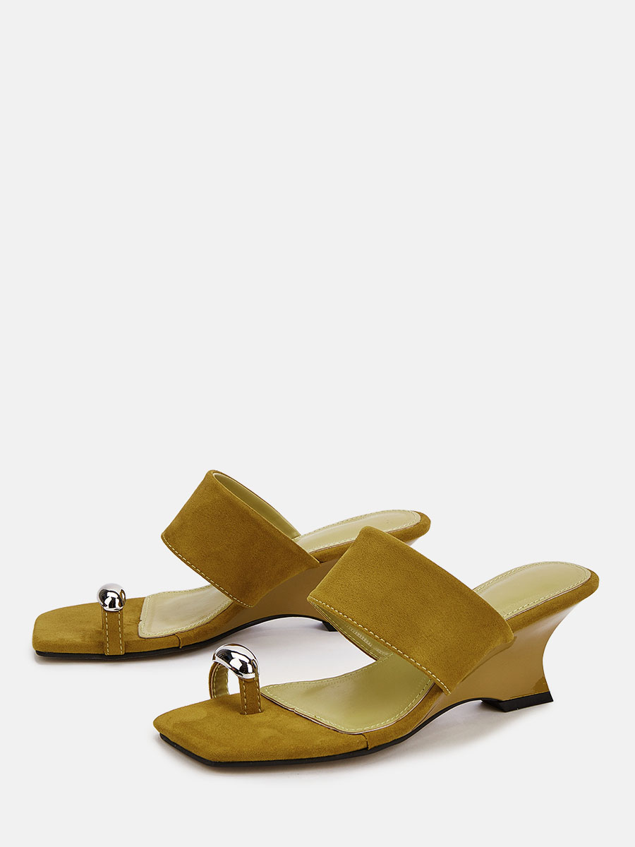 Women’s Khaki Suede Toe Ring Wedge Heels Square Toe Mule Sandals (2)