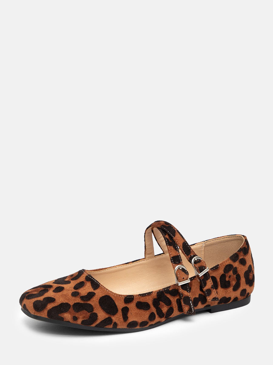 Women’s Leopard Print Suede Double Buckle Mary Jane Square Toe Ballet Flats