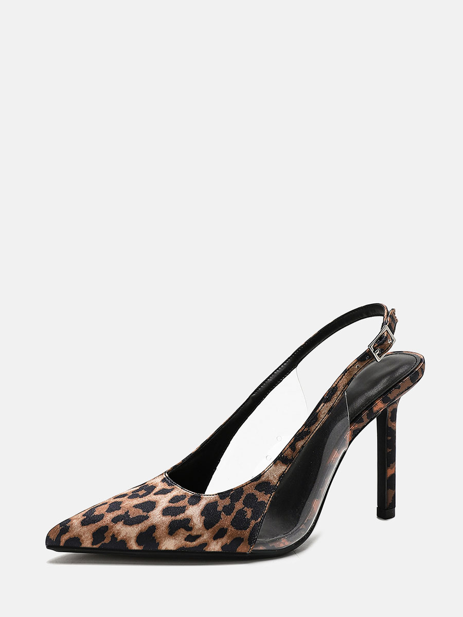 Women’s Leopard Print Synthetic Leather Clear Panel Pointed Toe Slingback Buckle Stiletto Heels