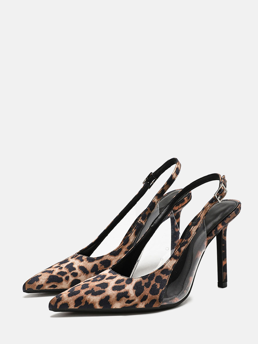 Women’s Leopard Print Synthetic Leather Clear Panel Pointed Toe Slingback Buckle Stiletto Heels (2)