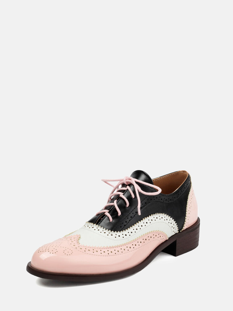 Women’s Light Pink Patent Microfiber Leather Brogue Lace-Up Low Block Heels Oxfords