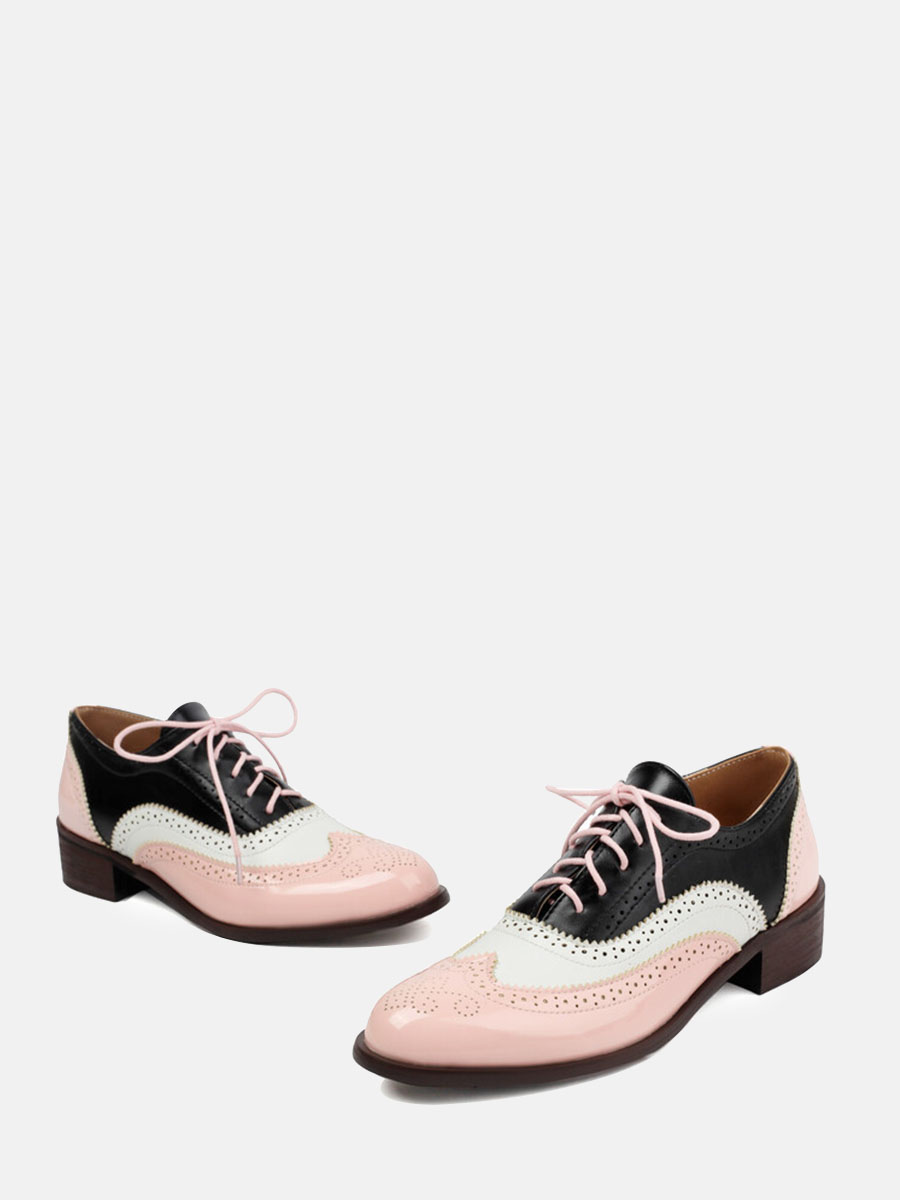 Women’s Light Pink Patent Microfiber Leather Brogue Lace-Up Low Block Heels Oxfords (2)
