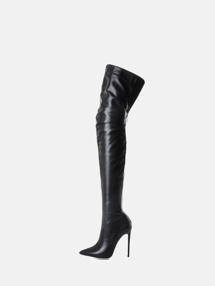 Women’s Matte PU Back Zipper Pointed Toe Stiletto Heels Over the Knee Boots