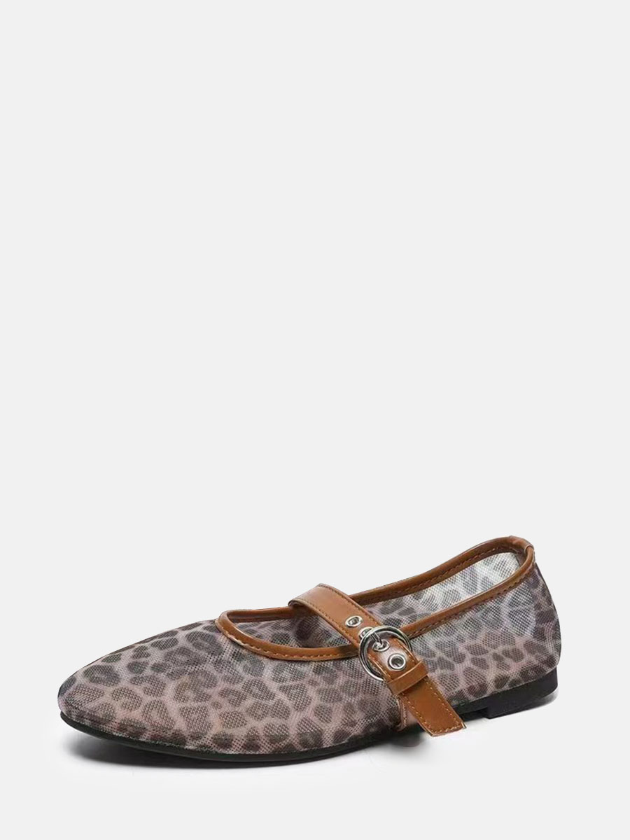 Women’s Mesh Leopard Print Round Toe Buckle Mary Jane Flats