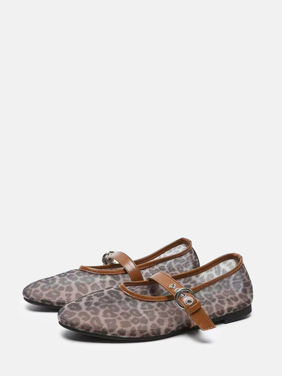 Women’s Mesh Leopard Print Round Toe Buckle Mary Jane Flats (11)