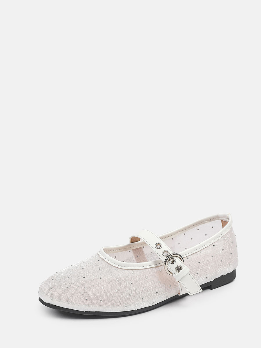 Women’s Mesh Round Toe Rhinestones Buckle Mary Jane Flats