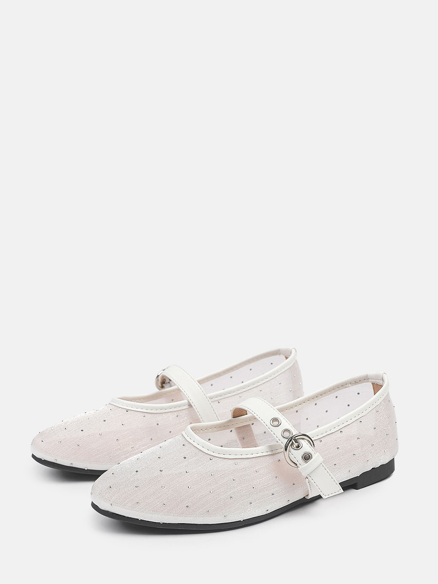 Women’s Mesh Round Toe Rhinestones Buckle Mary Jane Flats (5)